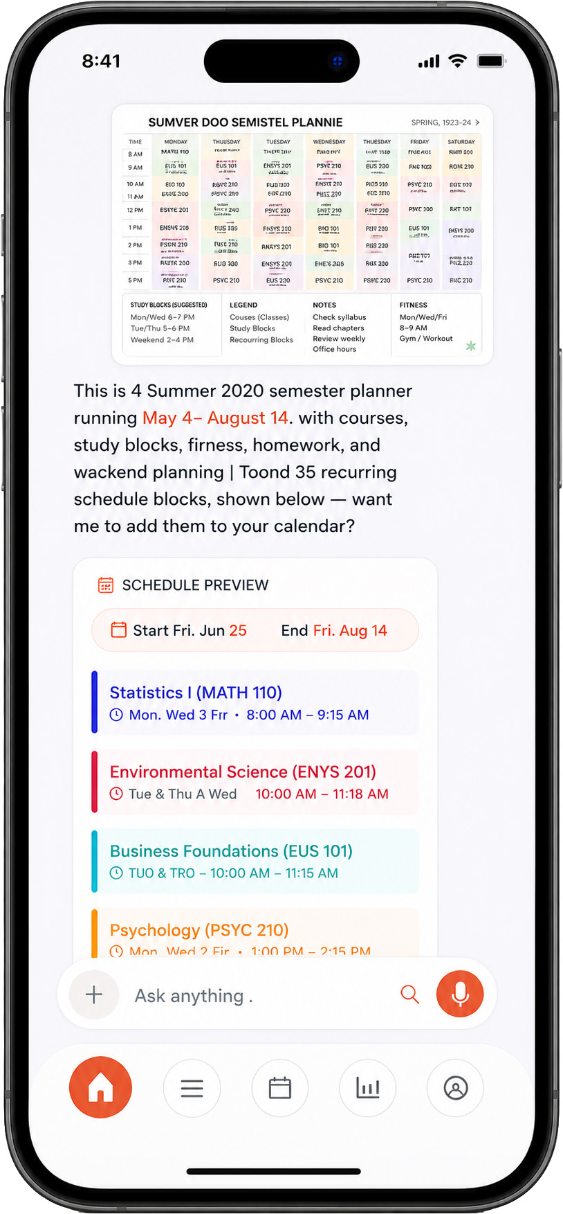 Synote reading a photo of a semester timetable and listing the classes it found